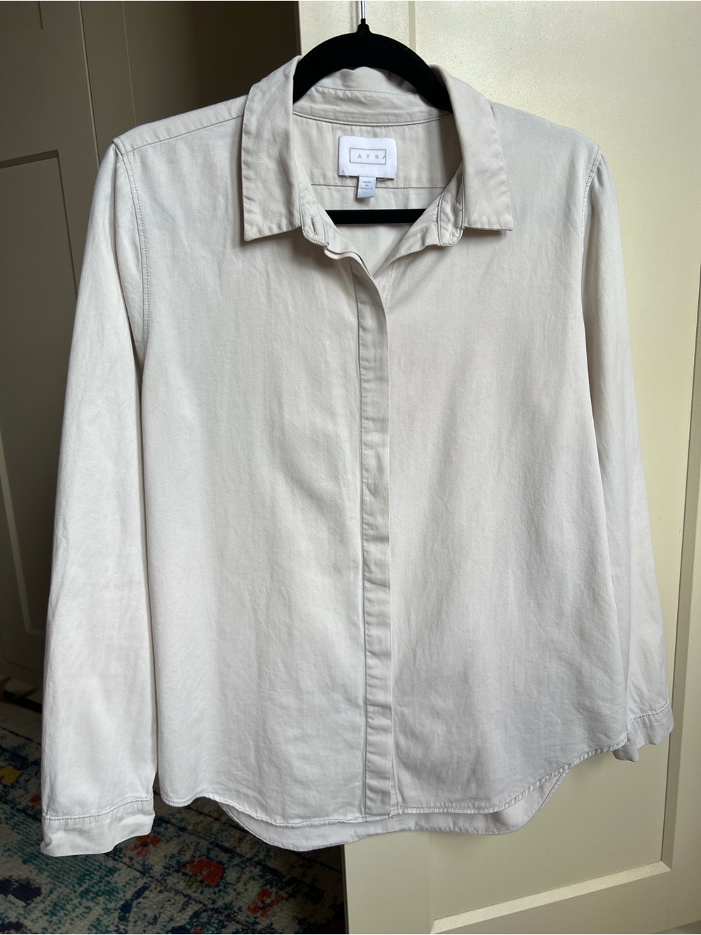 AYR The Deep End Cotton Twill Button Down Shirt Cream Vanilla Size Medium